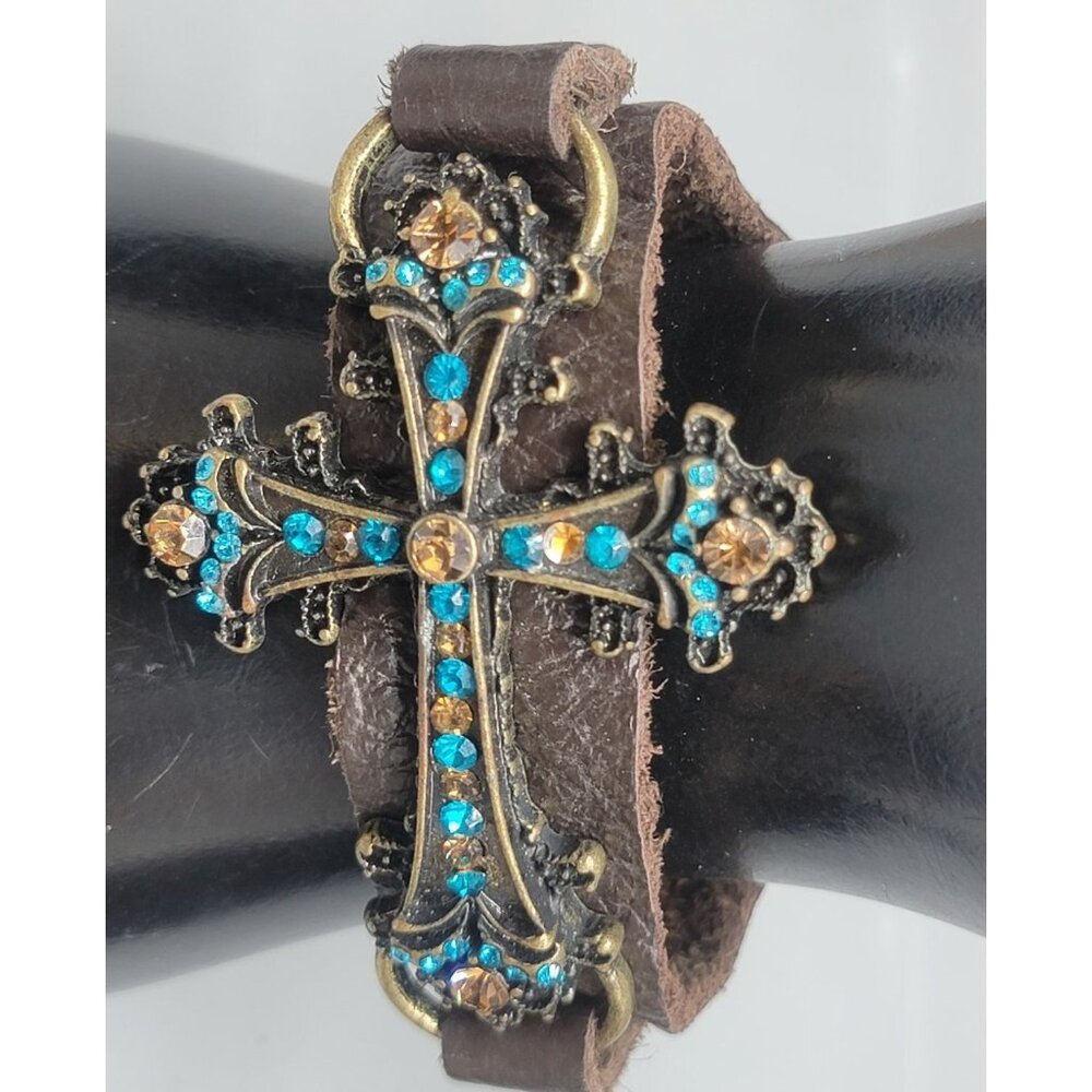 Boho Style Crystal Black Toned Cross Bracelet Brown Leather Worn Look Sz 6